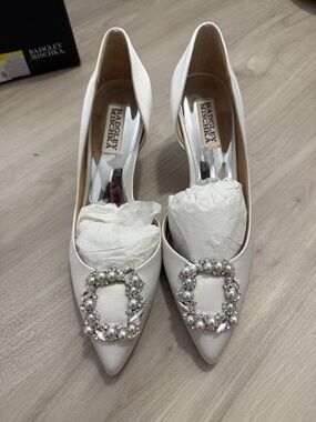 Badgley Mischka Ivory Satin Pointed-Toe Heels with Pearl & Crystal Buckles